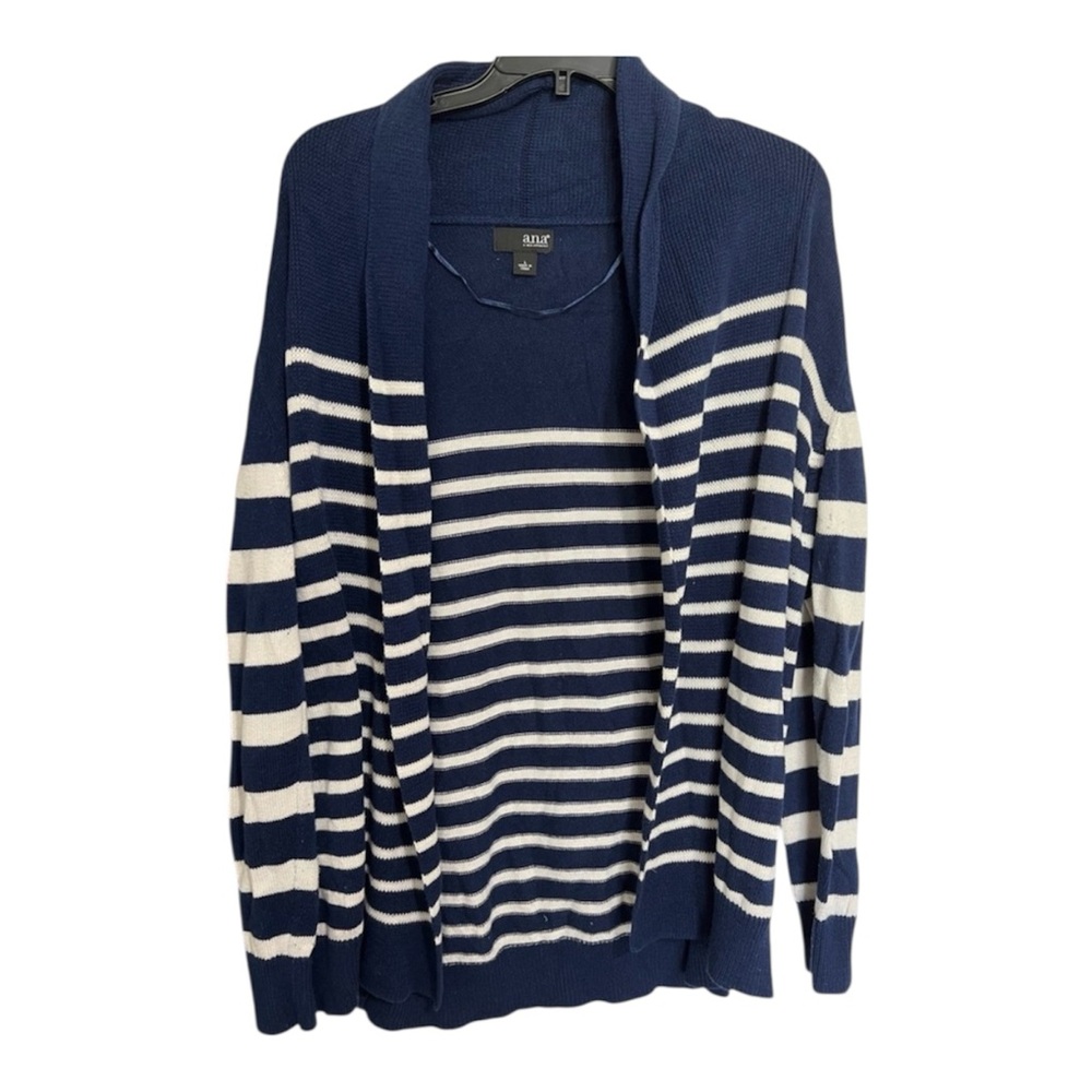 Navy White Striped Cardigan Open Front Lightweight Coastal Preppy Large